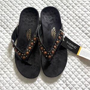 Vionic Black Thong Sandals with Bronze Stud Accents brand NEW